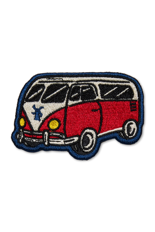 Embroidered patch of a red and white van on a white background