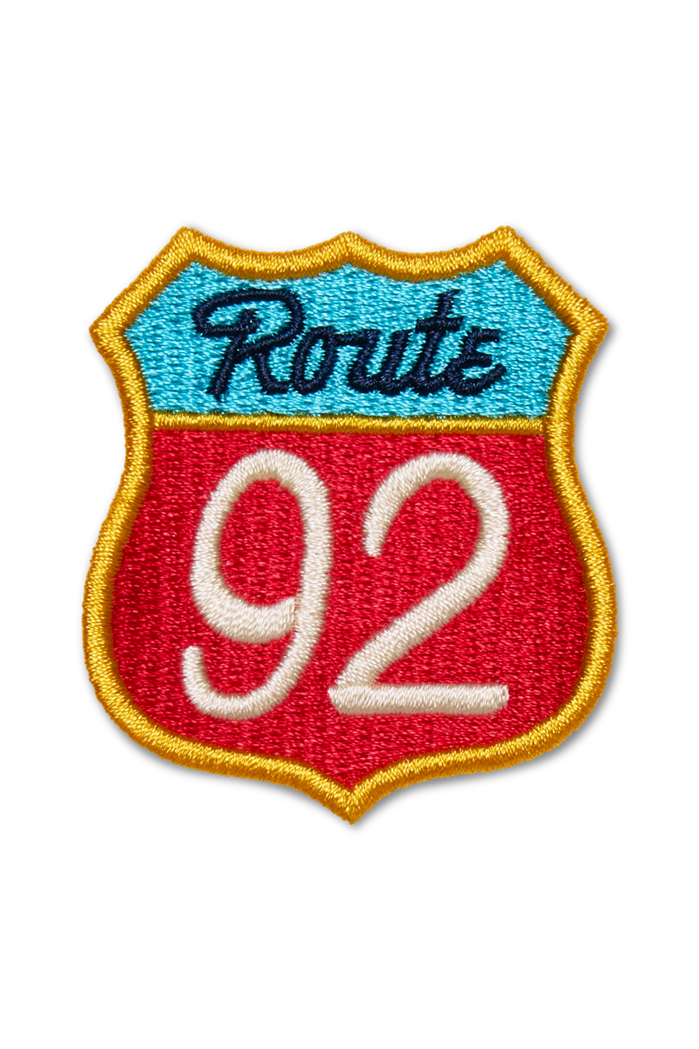 Embroidered patch with 'Route 92' design on a white background