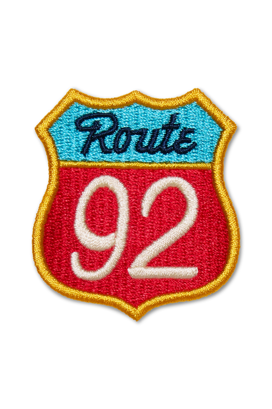 Embroidered patch with 'Route 92' design on a white background