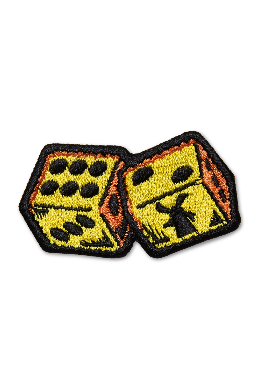 Embroidered patch of two dice with black dots on a white background