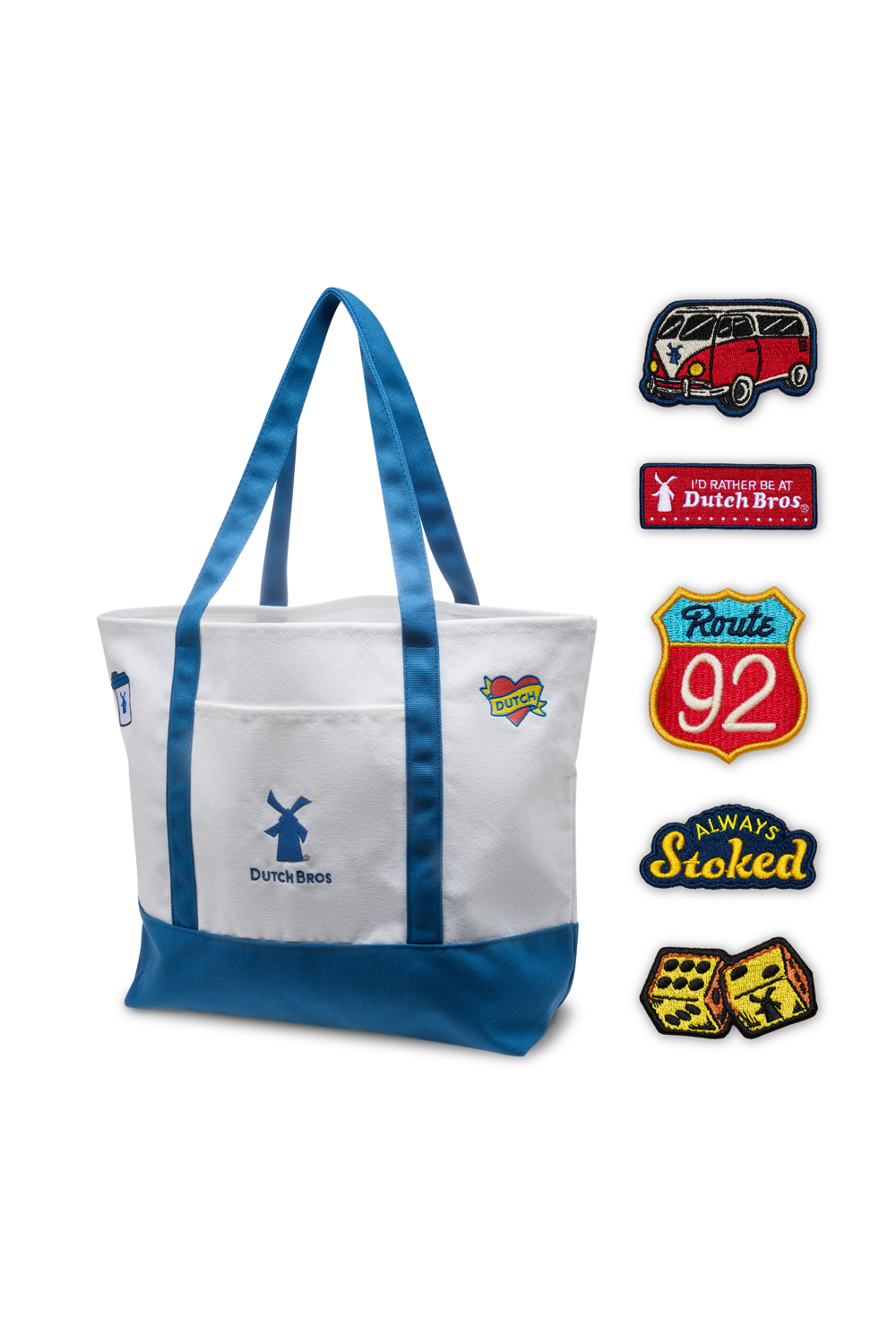 White tote bag with blue straps and various logos on a white background