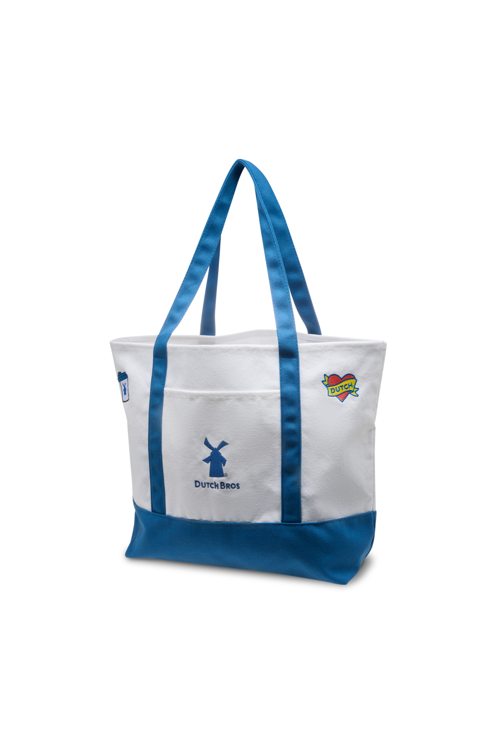 White tote bag with blue handles and bottom, featuring a logo and text on a white background