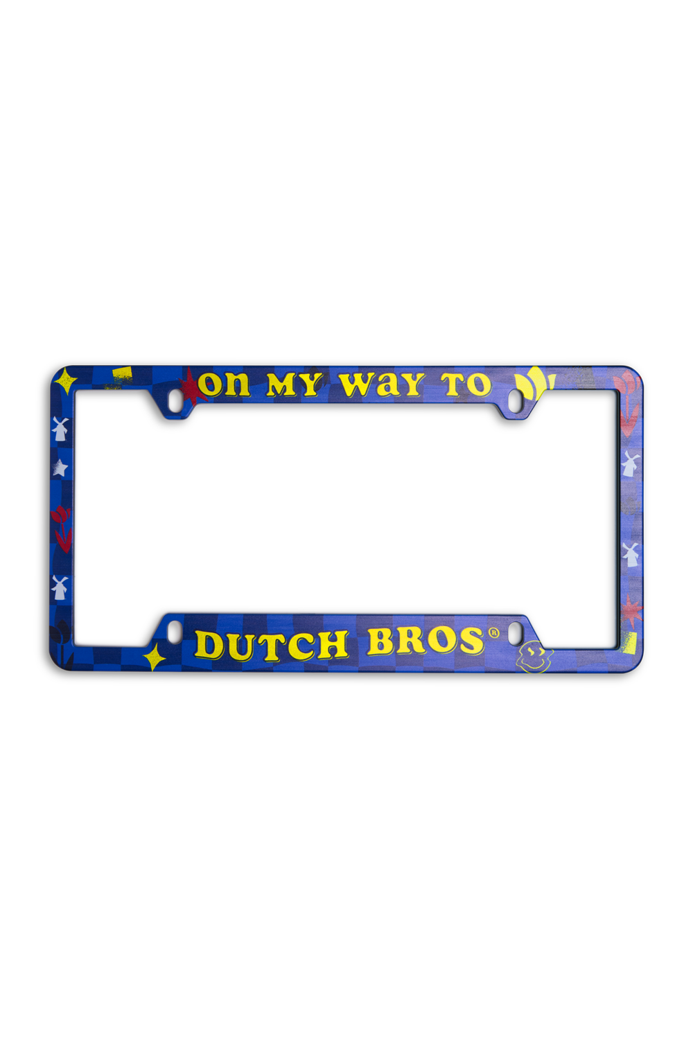 License plate frame with 'On my way to Dutch Bros' text on a white background