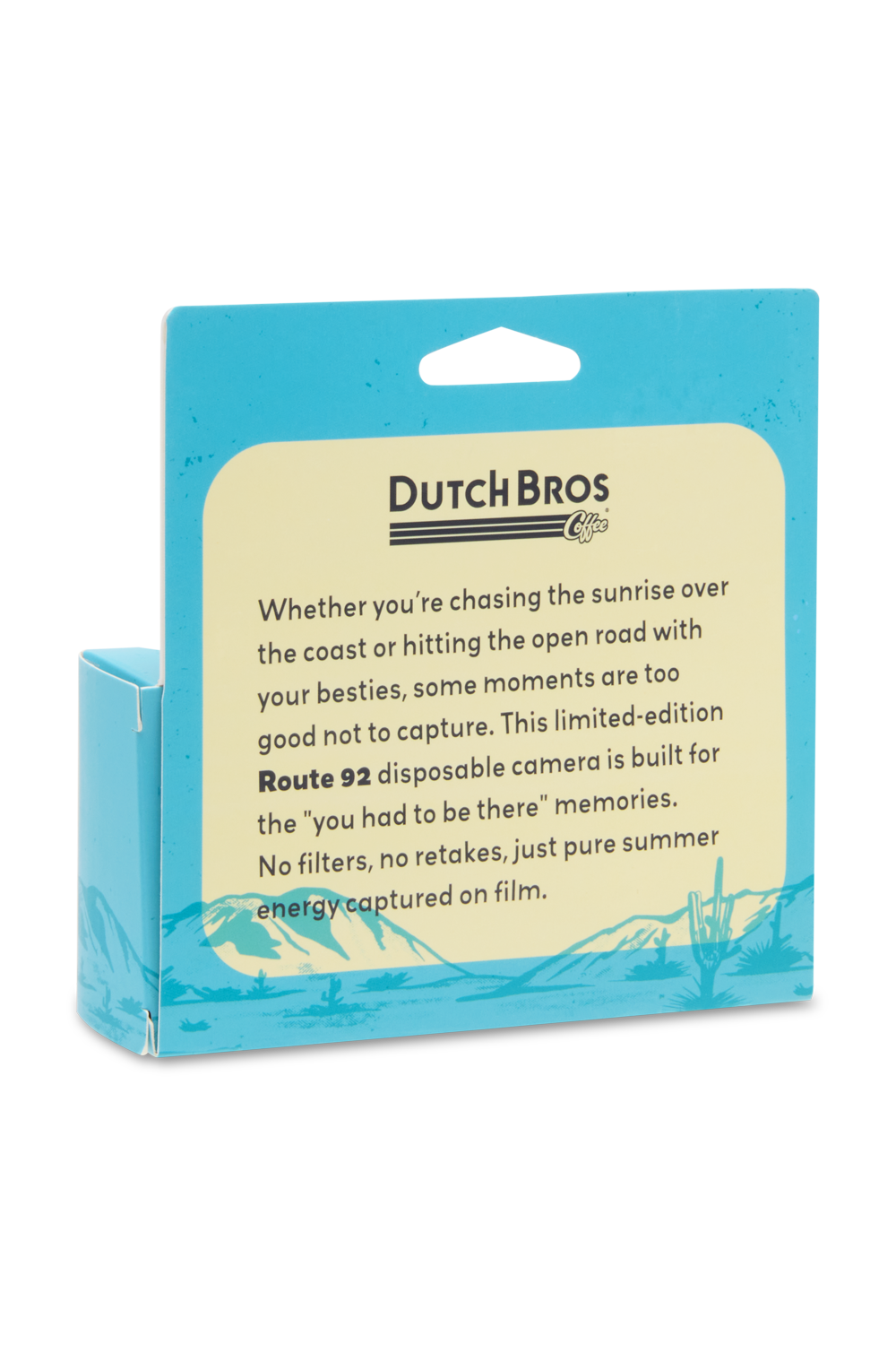 Dutch Bros disposable camera packaging with text on a white background