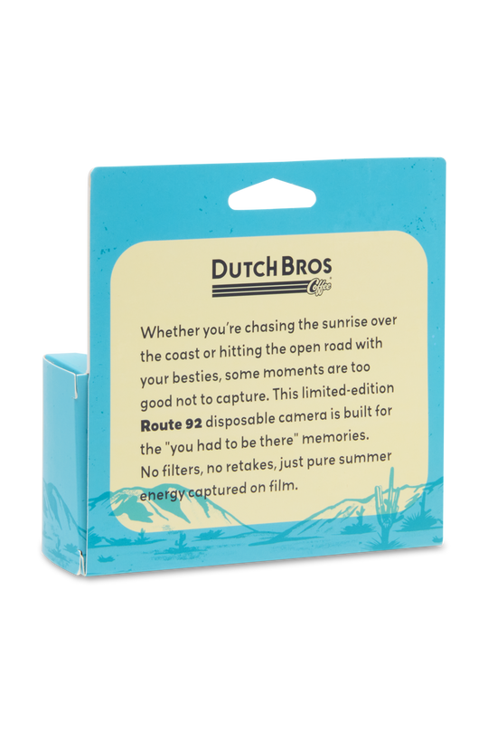 Dutch Bros disposable camera packaging with text on a white background