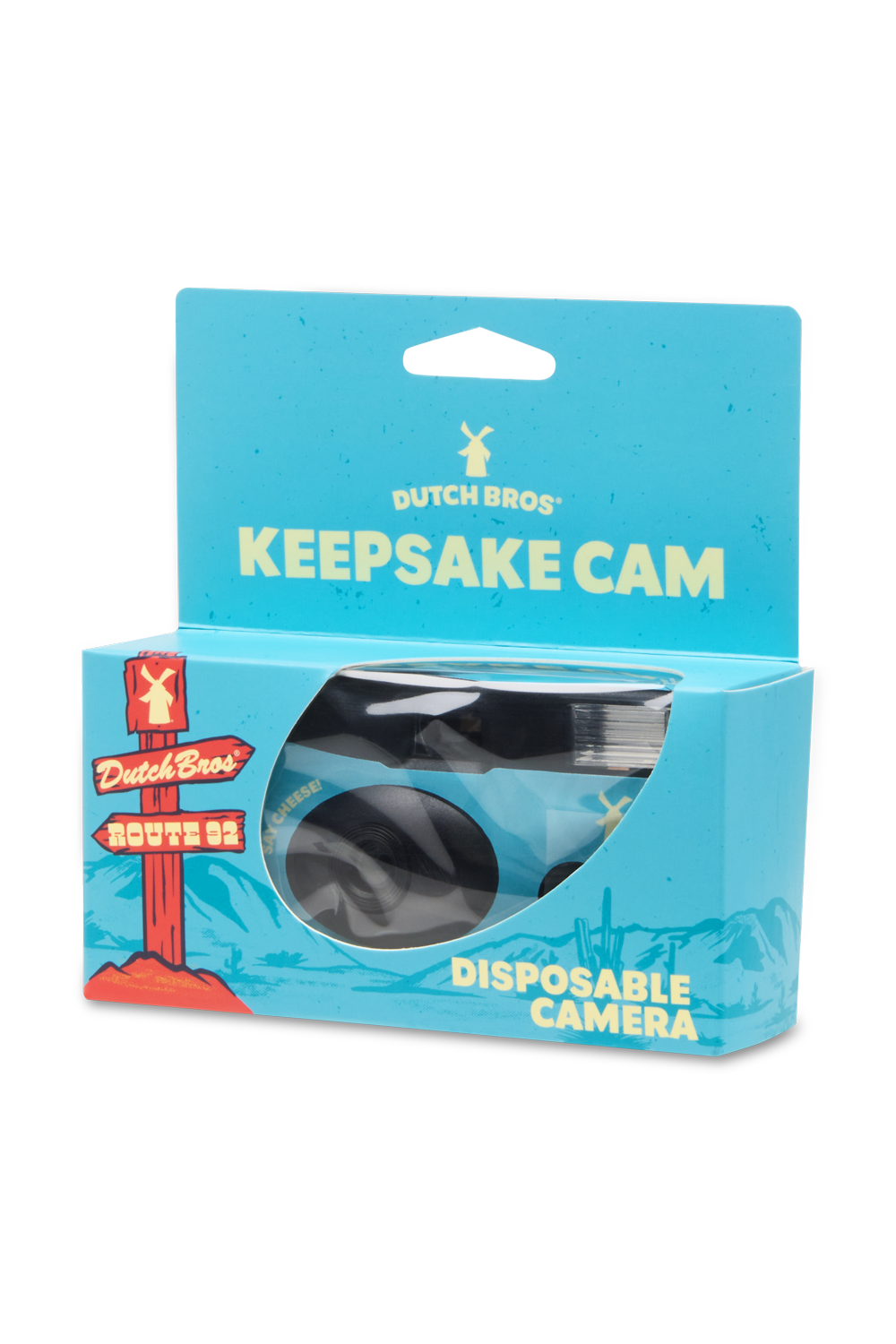 Packaged disposable camera with 'Dutch Bros' branding on a white background