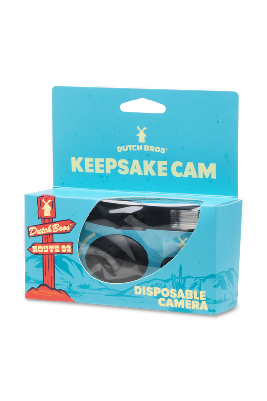 Packaged disposable camera with 'Dutch Bros' branding on a white background