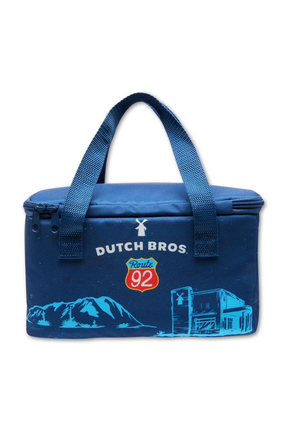 Blue cooler bag with Dutch Bros logo on a white background