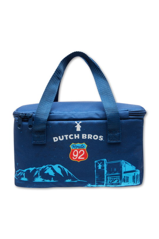 Blue cooler bag with Dutch Bros logo on a white background