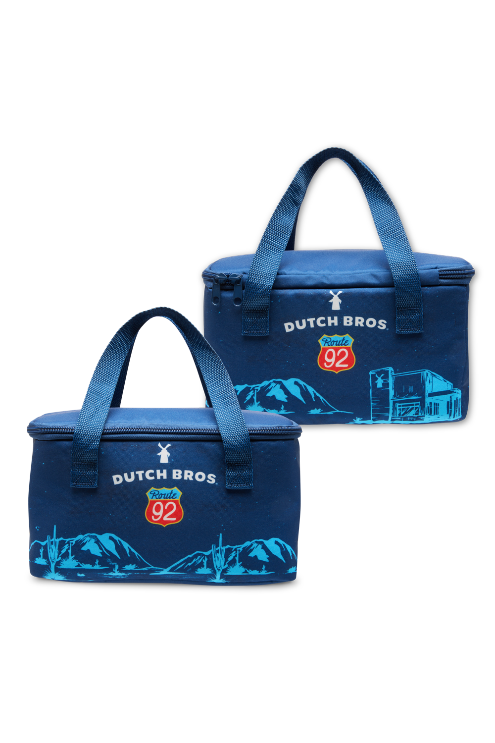 Two blue cooler bags with 'Dutch Bros' branding on a white background