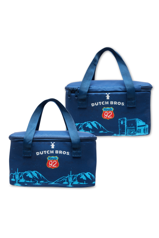 Two blue cooler bags with 'Dutch Bros' branding on a white background