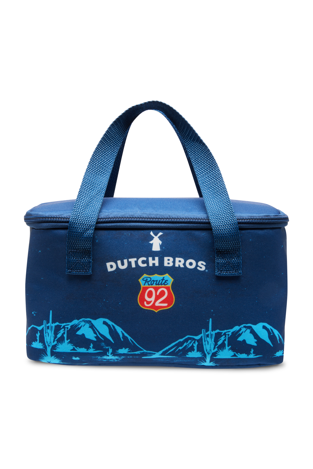 Blue cooler bag with 'Dutch Bros' branding on a white background