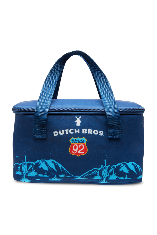 Blue cooler bag with 'Dutch Bros' branding on a white background