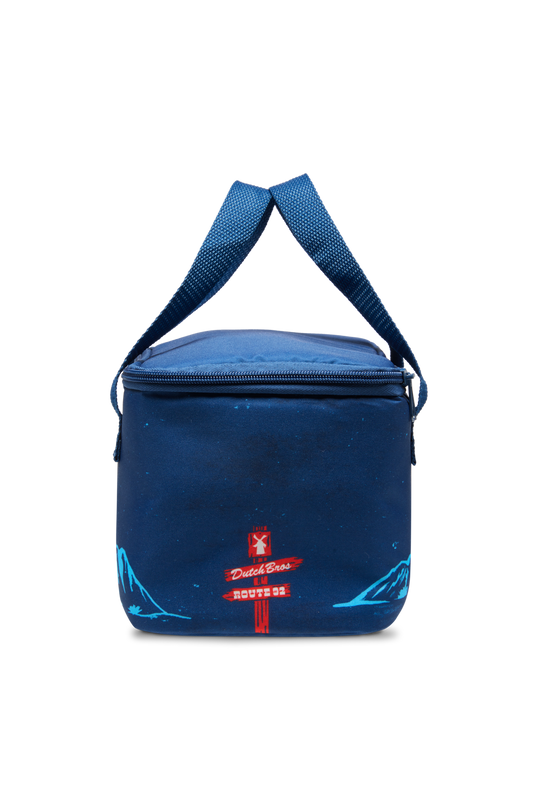 Blue cooler bag with a red and white logo on a white background