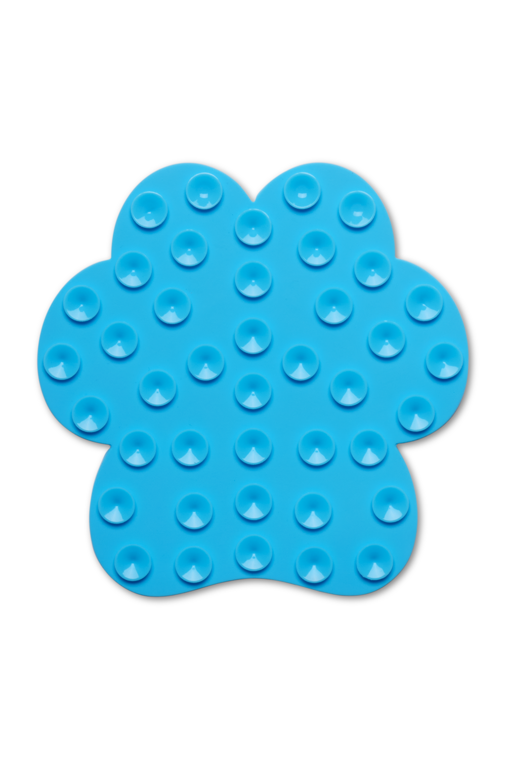A bright blue silicone sensory mat shaped like a paw, featuring multiple raised circular bumps, shown on a plain white background.