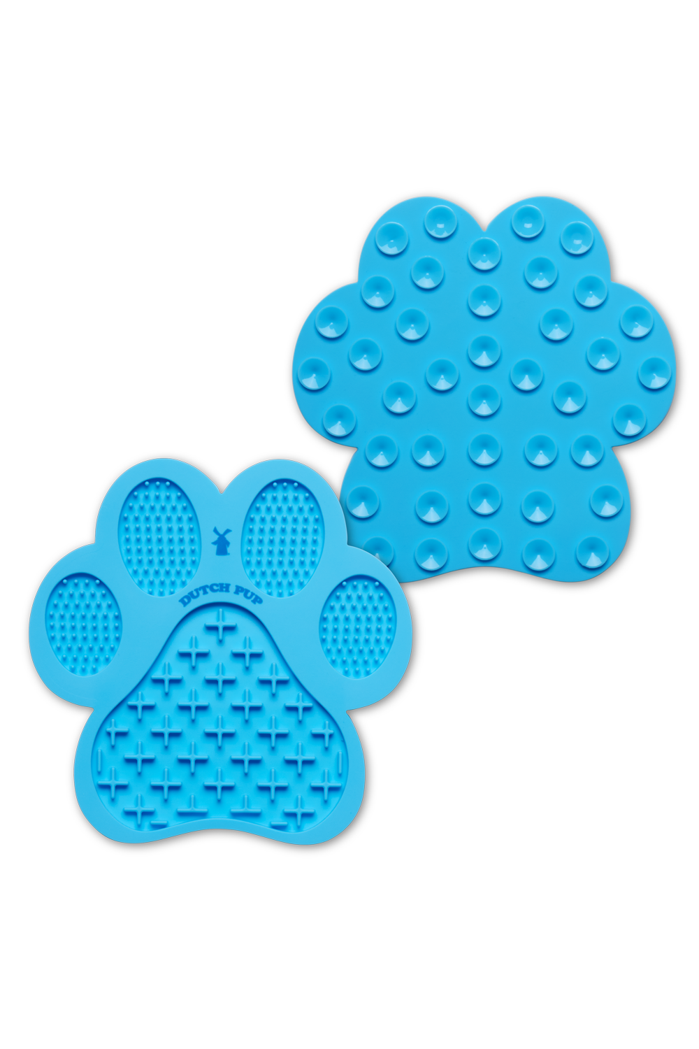 Two blue paw-shaped lick mat on a plain white background, one showing the textured mat surface and the other showing the inner mat texture.