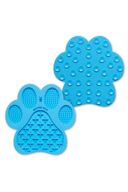 Two blue paw-shaped lick mat on a plain white background, one showing the textured mat surface and the other showing the inner mat texture.