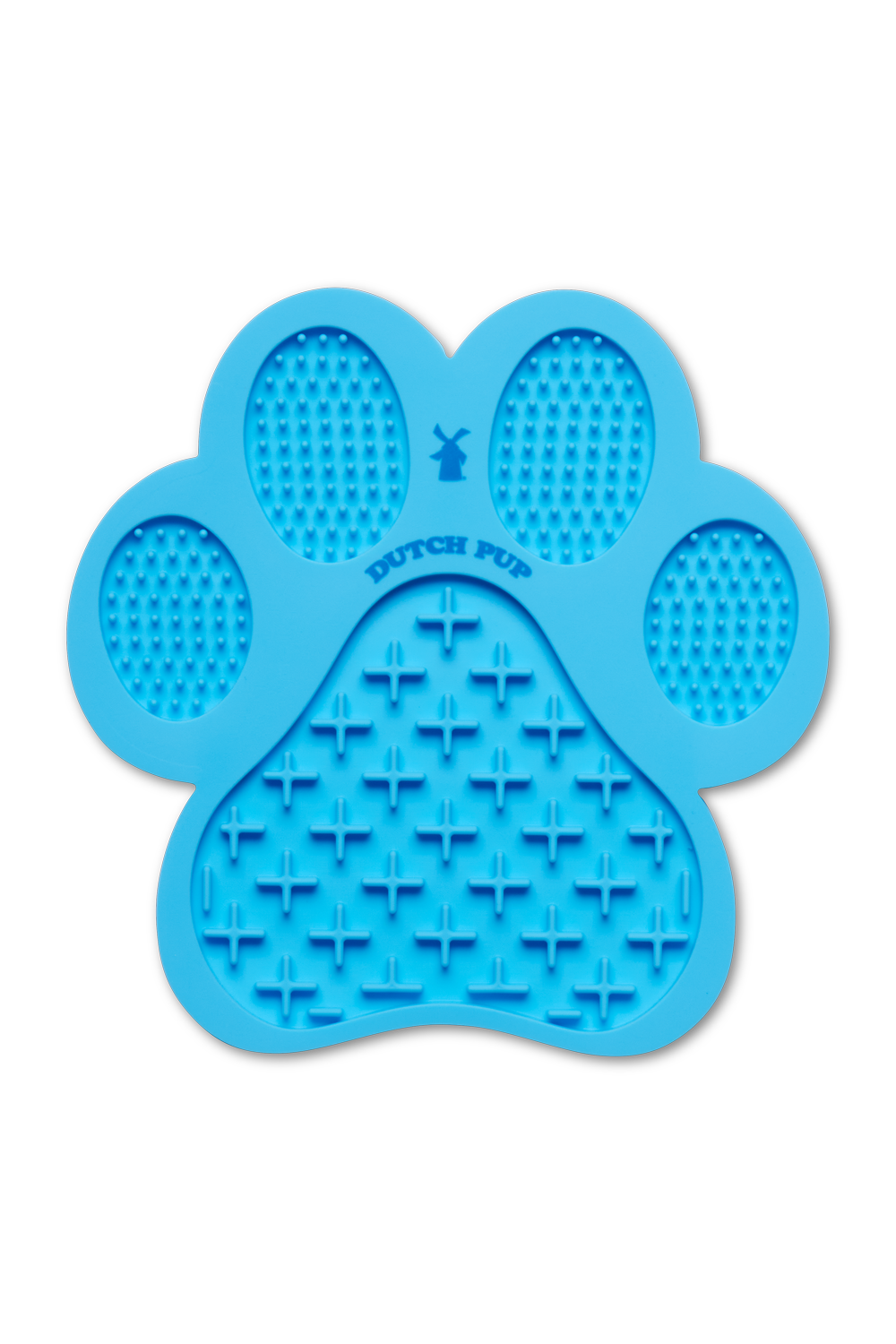 A blue paw-shaped silicone lick mat or chew toy with textured grooves and the words 'DUTCH PUP' printed in the center, shown on a plain white background.