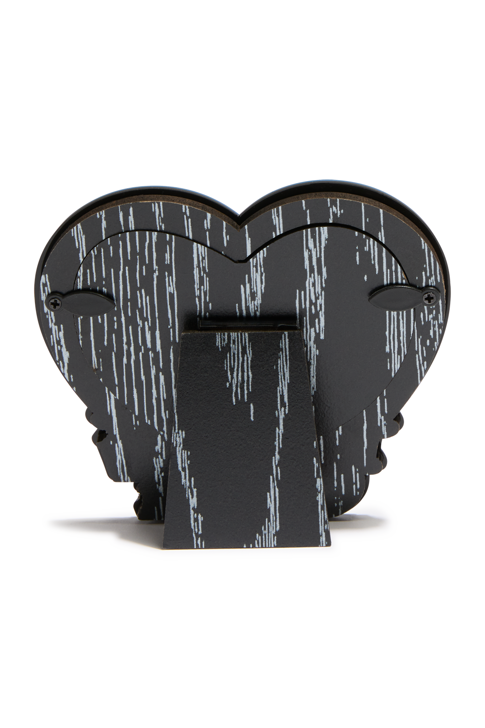 A black heart-shaped backing of a decorative frame with a white vertical wood pattern, standing on a rectangular base against a plain white background.
