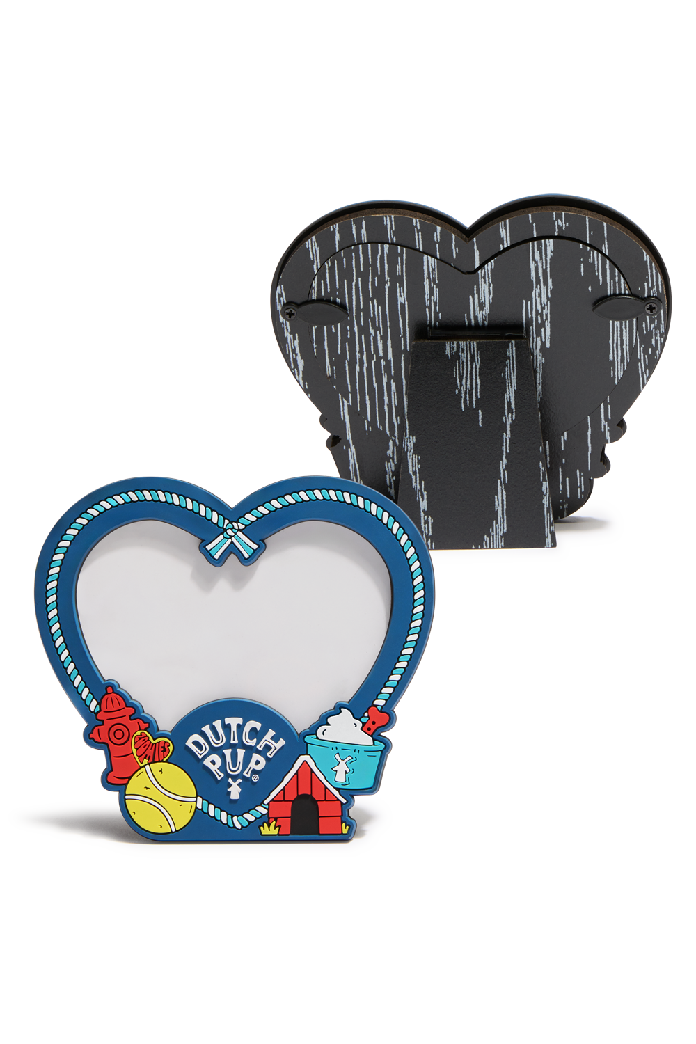 A heart-shaped Dutch Pup themed picture frame shown from the front and back. The front features a blue border with a rope pattern, a fire hydran, a yellow tennis ball, and a blue pup cup with the text 'DUTCH PUP'.