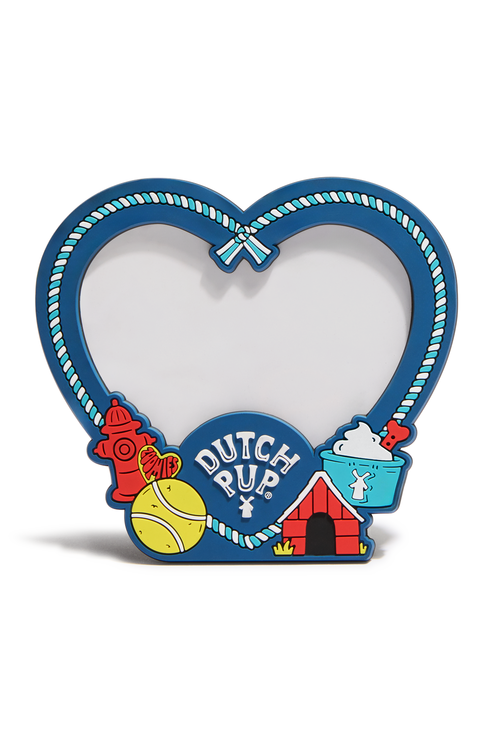 A heart-shaped decorative picture frame with a blue border, rope-style trim, and colorful dog-themed illustrations including a red fire hydrant, yellow tennis ball, red dog house, and blue bucket. The center reads 'DUTCH PUP' in white text.