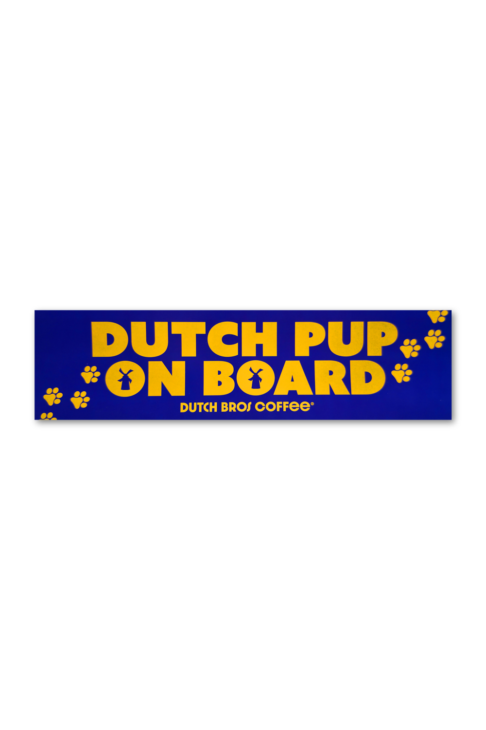Bumper sticker with 'Dutch Pup on Board' text and paw prints on a blue background