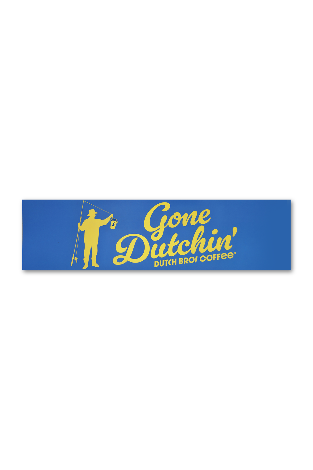 Rectangular blue sign with yellow text and graphic of a person on a white background
