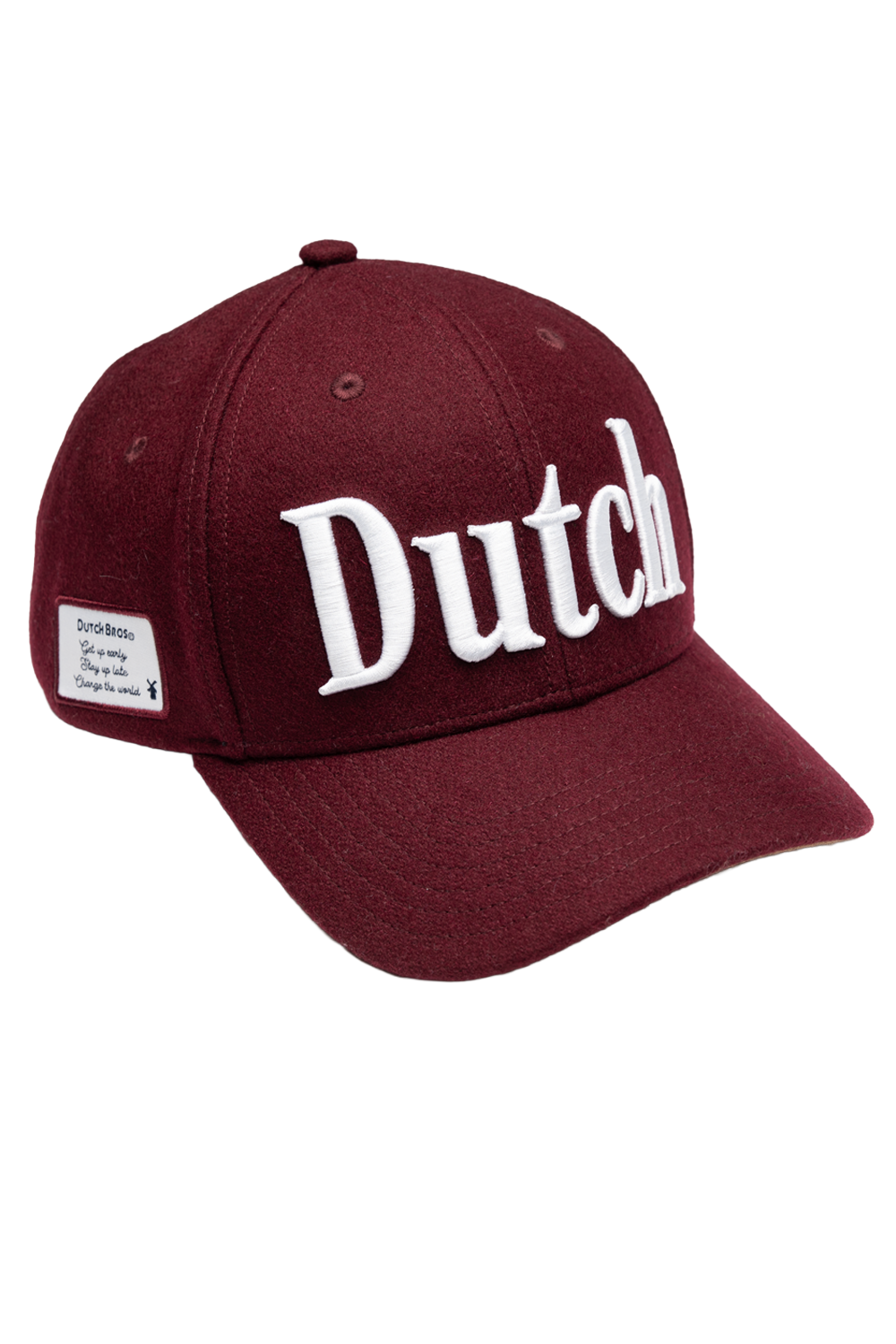 Maroon cap with 'Dutch' text on a white background