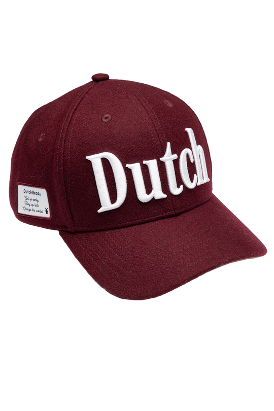 Maroon cap with 'Dutch' text on a white background