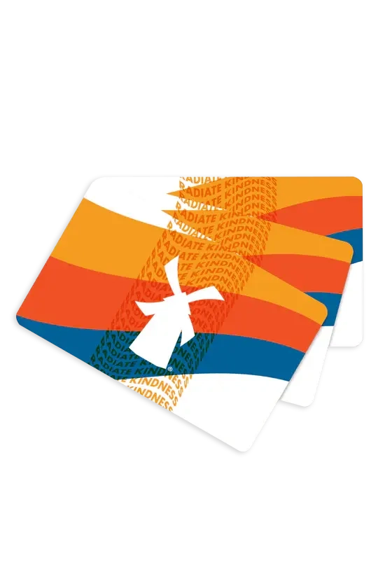 Colorful card design with a white icon and text on a white background