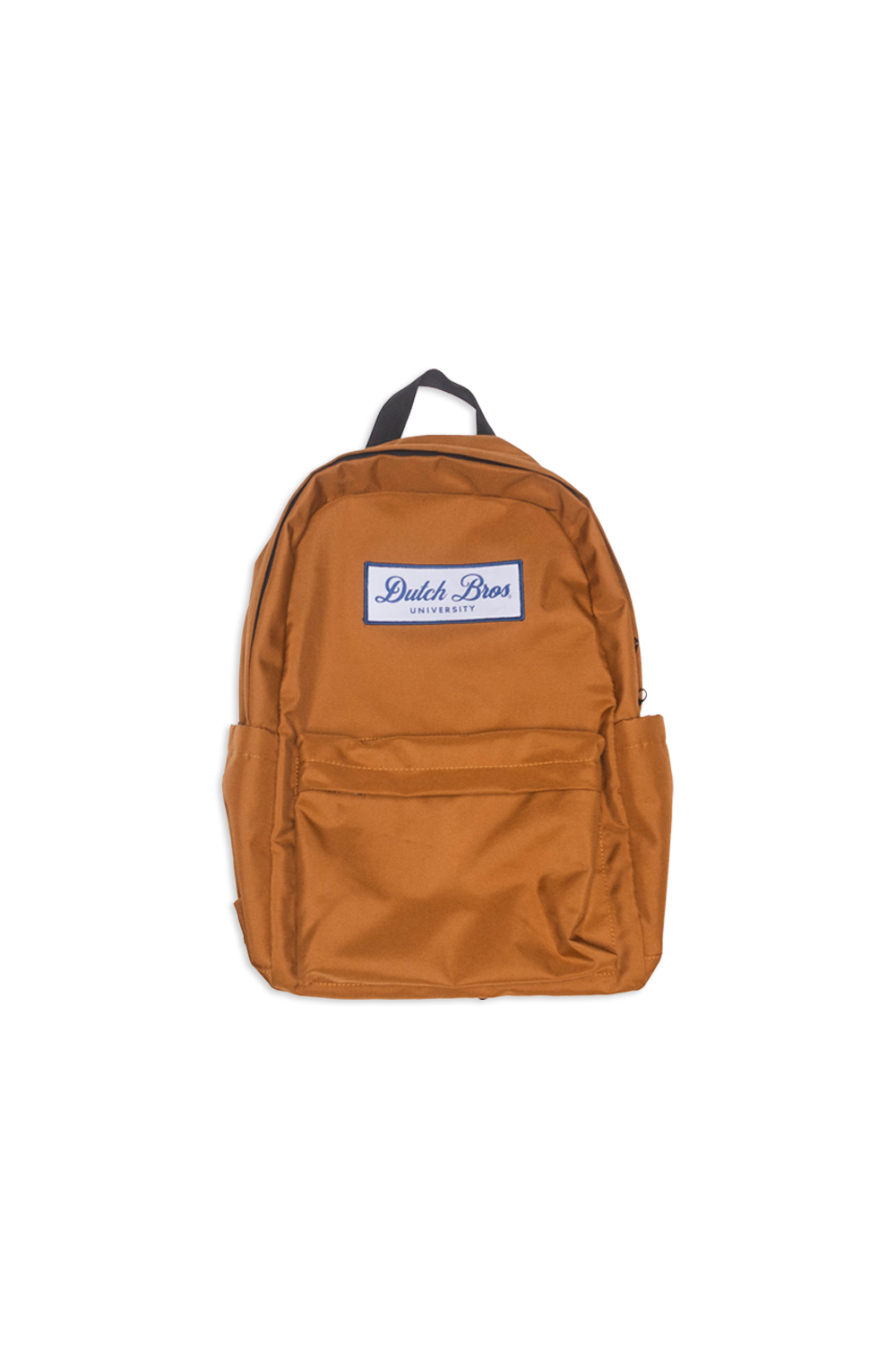 A rust-orange nylon backpack with a white and blue 'Dutch Bros' logo patch on the front pocket, set against a plain white background.
