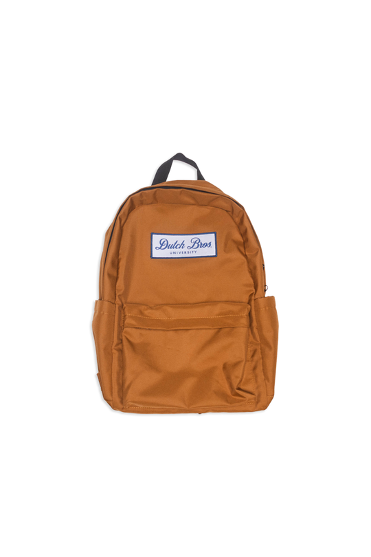 A rust-orange nylon backpack with a white and blue 'Dutch Bros' logo patch on the front pocket, set against a plain white background.