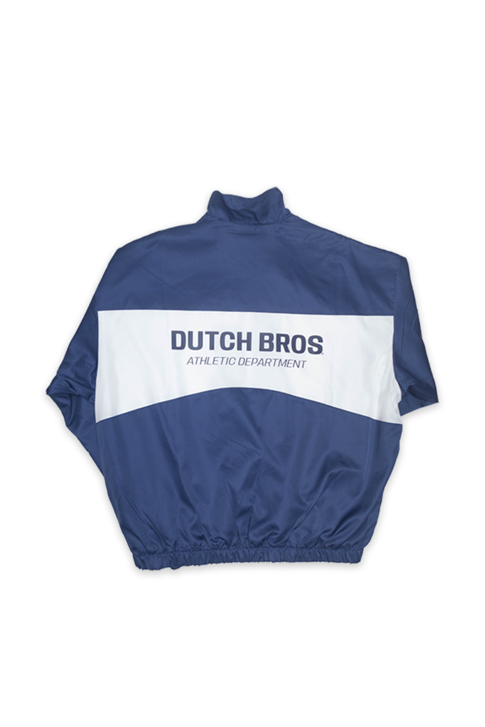 A navy blue and white windbreaker jacket shown from the back, featuring a large white horizontal stripe across the upper back with 'DUTCH BROS ATHLETIC DEPARTMENT' printed in navy blue text.