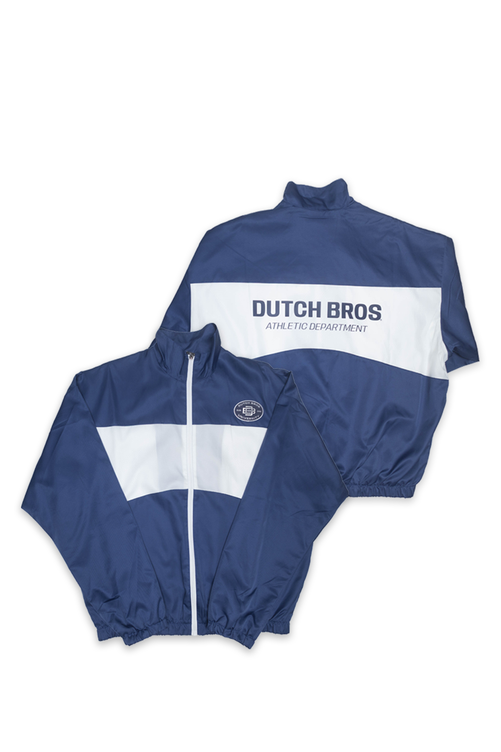 Two navy blue windbreaker jackets with white color-blocked panels, one showing the front and the other the back with 'DUTCH BROS ATHLETIC DEPARTMENT' printed in blue. A small circular logo is visible on the front chest