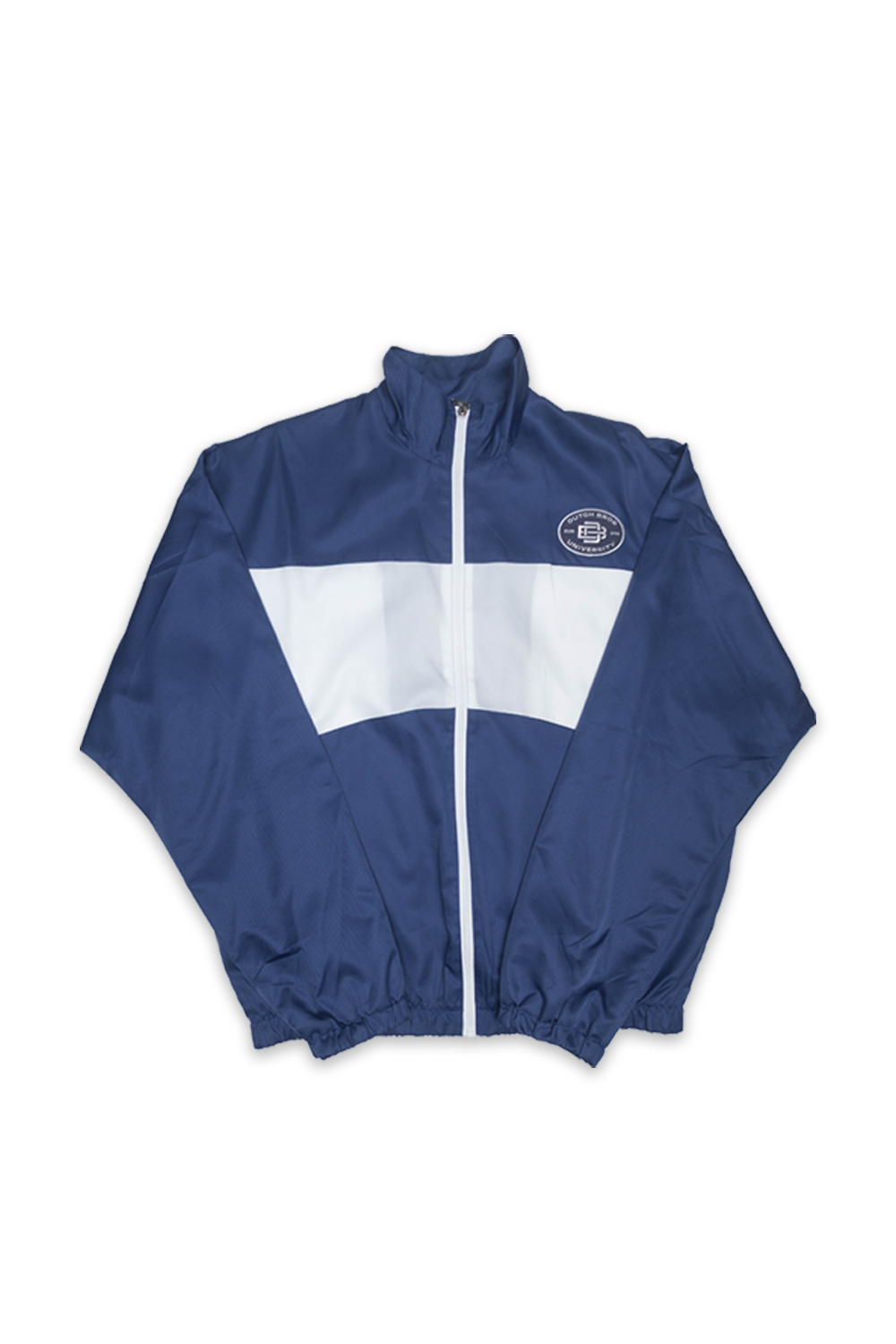 A navy blue and white windbreaker track jacket with a front zipper, elastic cuffs, and a circular chest patch, shown flat on a white background.