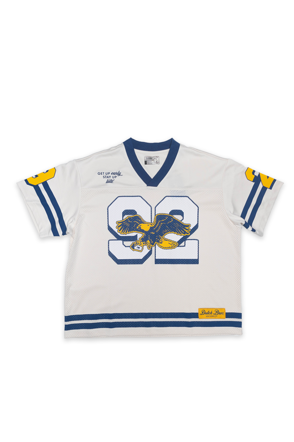 white and navy blue football jersey with 92 and an eagle logo on the front.