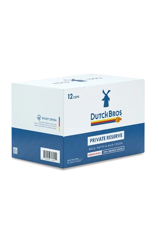 Box of Dutch Bros Private Reserve coffee on a white background