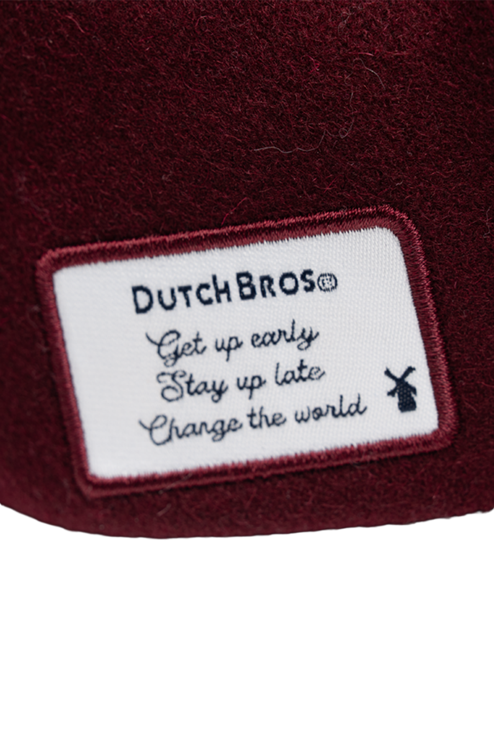 Dutch Bros logo on a maroon background