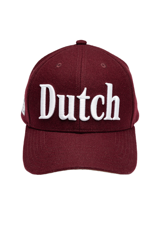 Maroon cap with 'Dutch' text on a white background