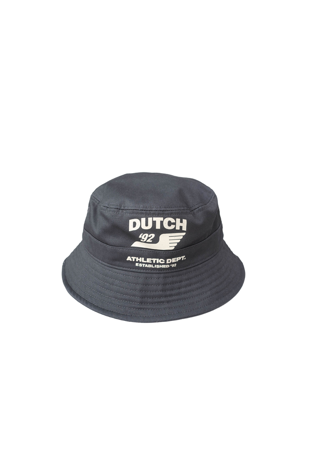 dark gray bucket hat with dutch 92 and a wing logo on the front with athletic dept established 92 below it.