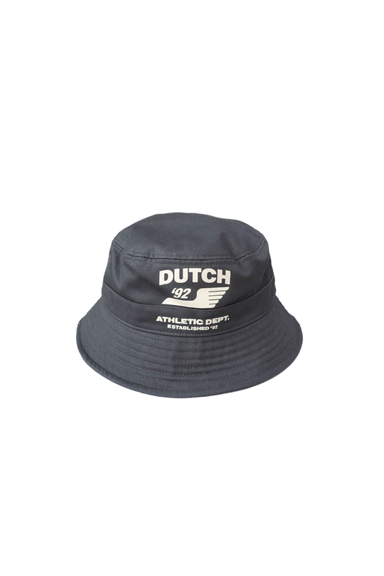 dark gray bucket hat with dutch 92 and a wing logo on the front with athletic dept established 92 below it.