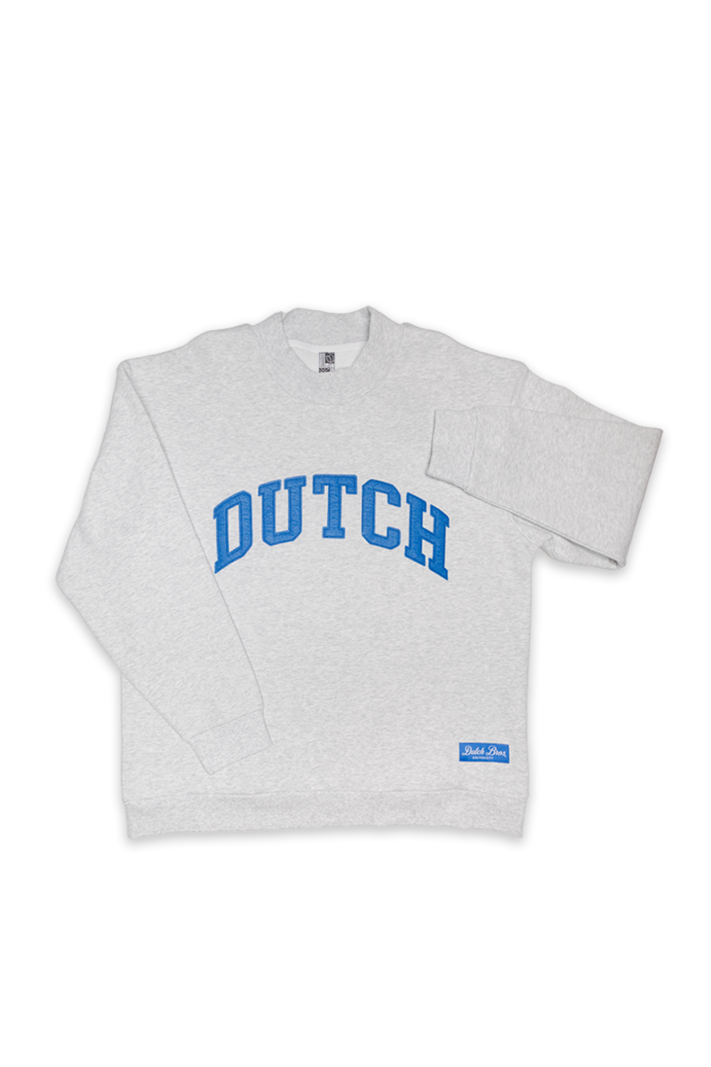 heather gray dutch mockneck with blue "DUTCH" stitching capitalized on the front with blue patch in the bottom left corner