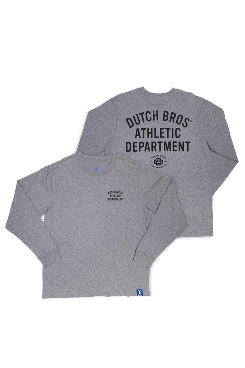 Front and back flatlay of long sleeve gray dutch bros shirt with dutch bros athletic dept logo on the back and front left pocket with a logo tag at the bottom.