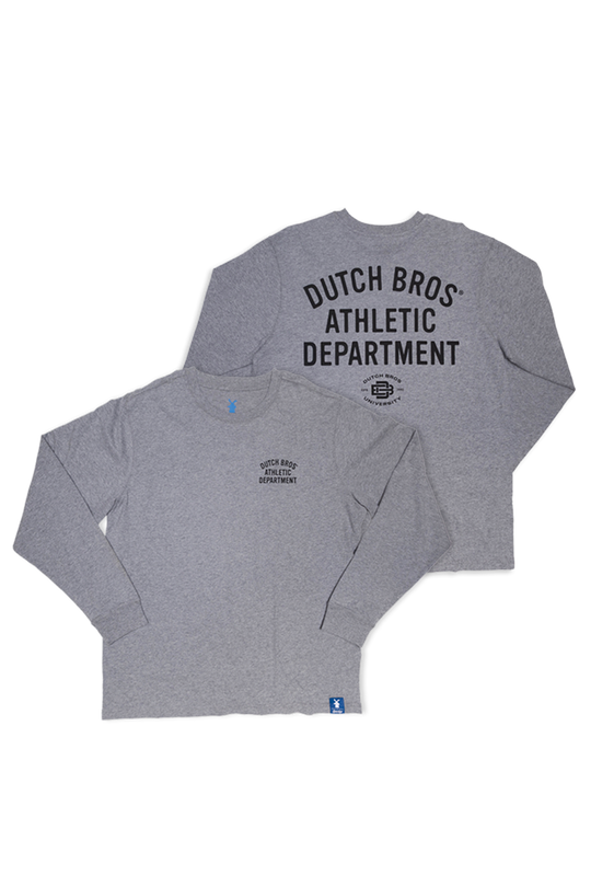 Front and back flatlay of long sleeve gray dutch bros shirt with dutch bros athletic dept logo on the back and front left pocket with a logo tag at the bottom.