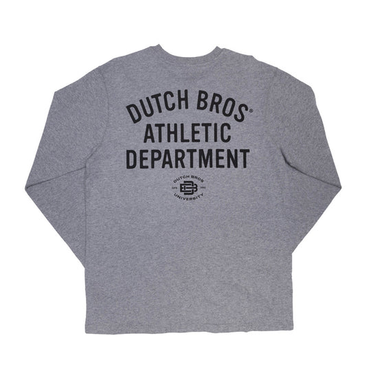 A heather gray long-sleeve t-shirt with 'DUTCH BROS ATHLETIC DEPARTMENT' printed in black on the back, shown against a plain white background.