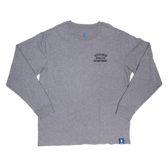 A heather gray long-sleeve t-shirt with a black arched graphic on the left chest reading 'DUTCH BROS ATHLETIC DEPARTMENT'. The shirt is laid flat against a solid white background, featuring a small blue tag near the bottom right hem.