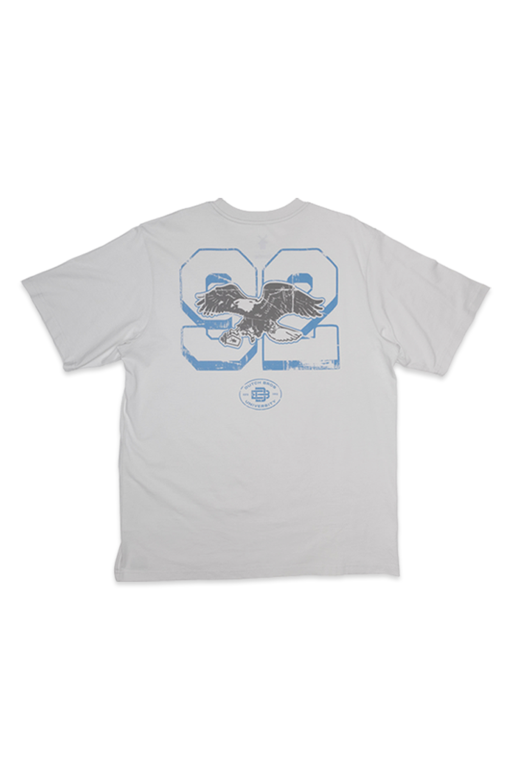 A light gray short-sleeve t-shirt with a distressed blue and black graphic on the back featuring the number 92 and an eagle design.