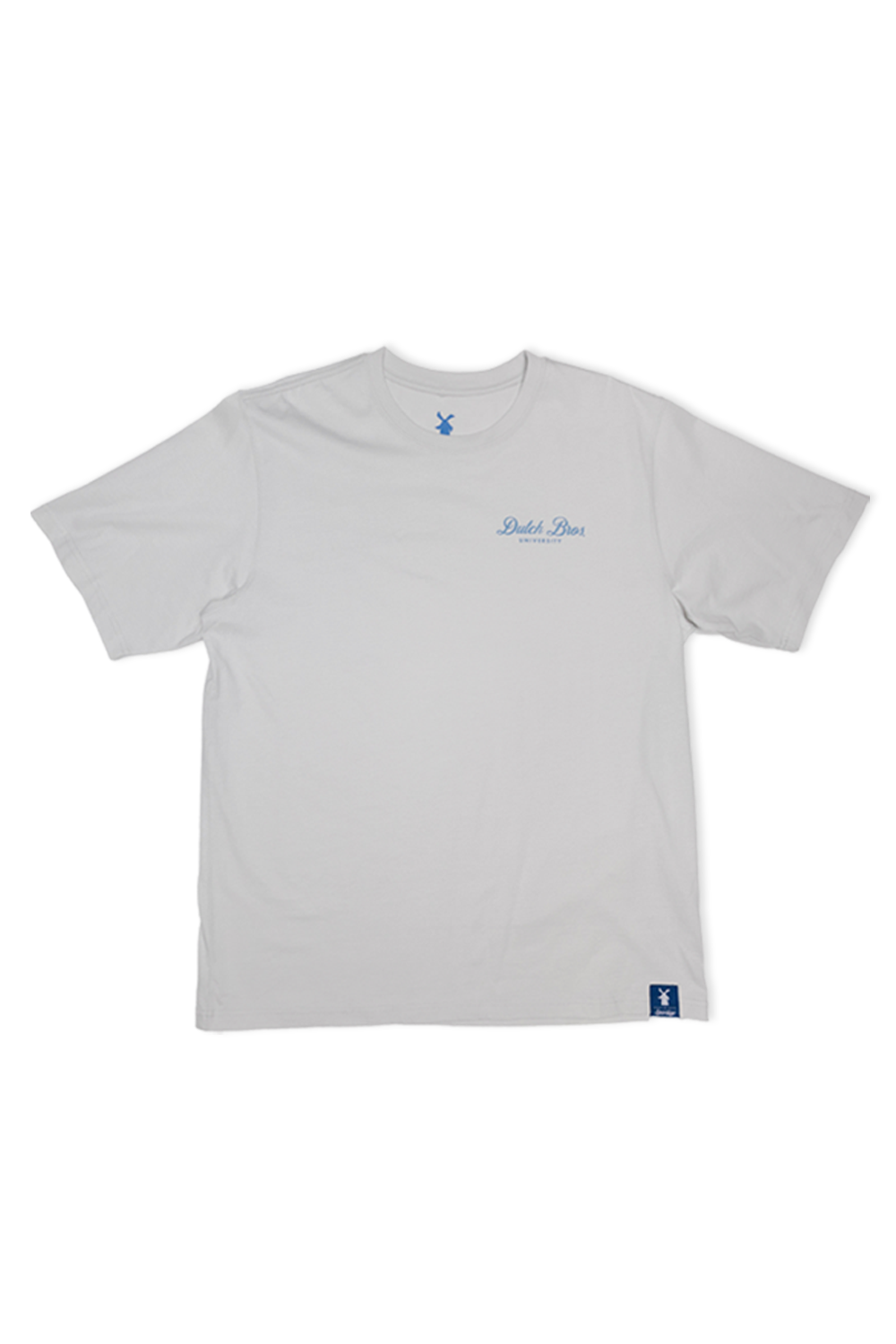 A light gray crewneck t-shirt with a small blue script logo on the left chest reading 'Dutch Bros University' and a small blue square brand tag near the bottom hem, displayed on a clean white background.