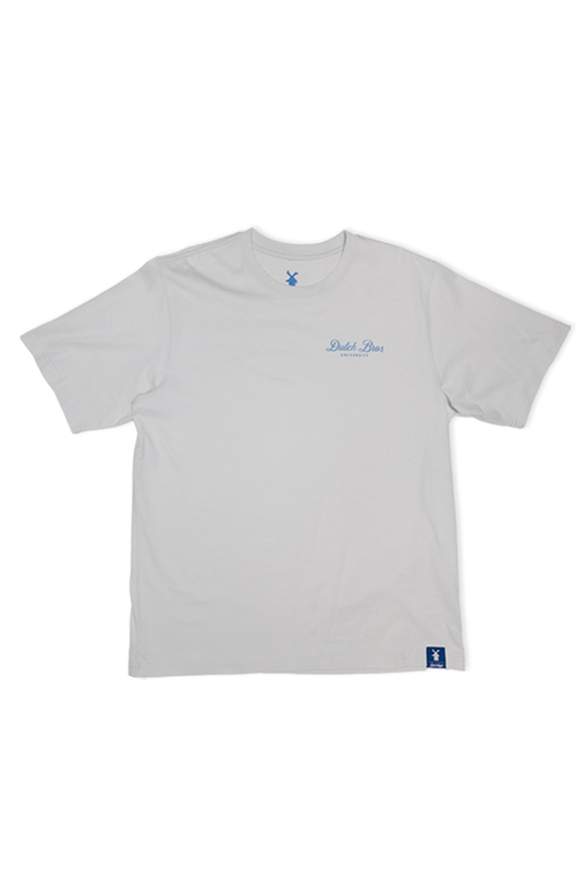 A light gray crewneck t-shirt with a small blue script logo on the left chest reading 'Dutch Bros University' and a small blue square brand tag near the bottom hem, displayed on a clean white background.