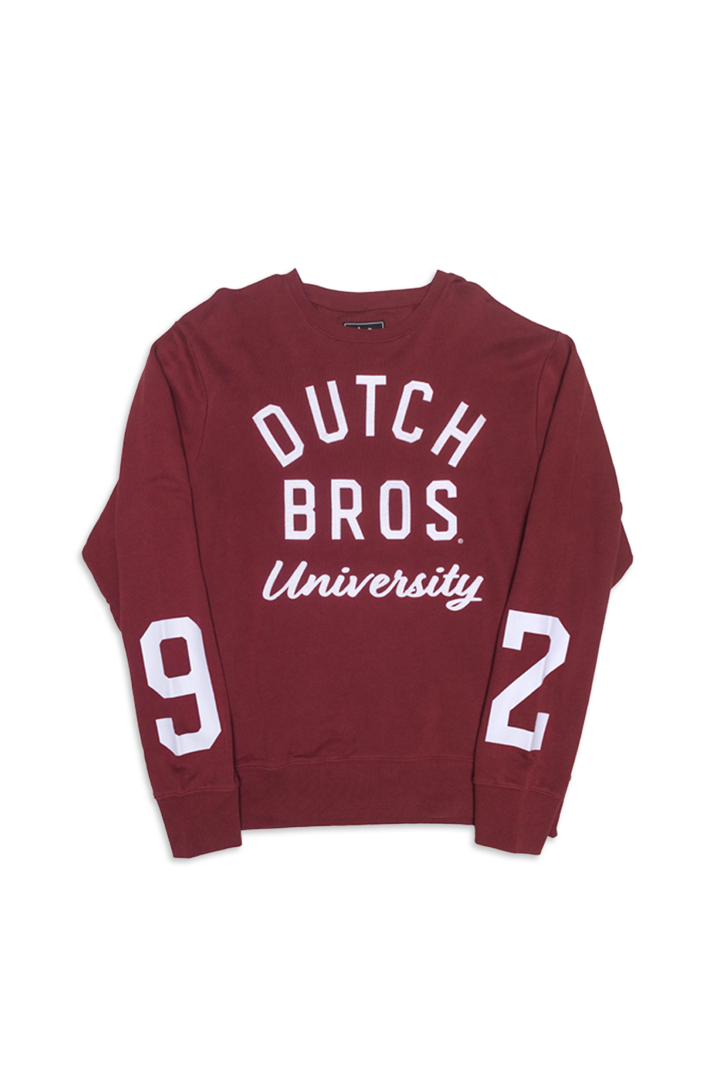 dutch bros university crewneck long sleeve sweater with 9 on the left and 2 on the right sleeves. in maroon